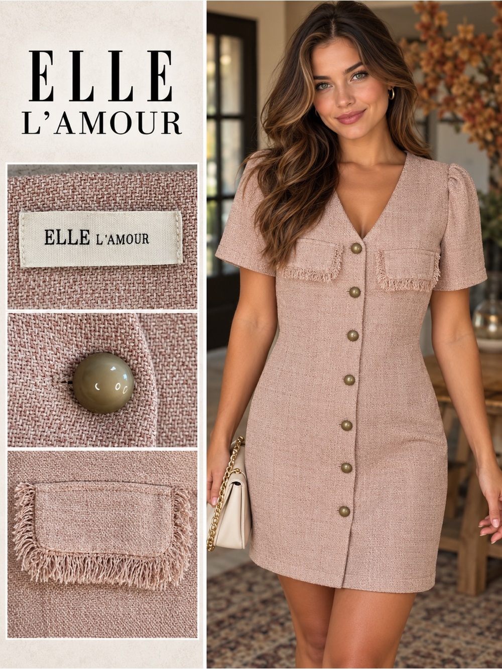 L'Amour Blush Tweed Button-Front Mini Dress